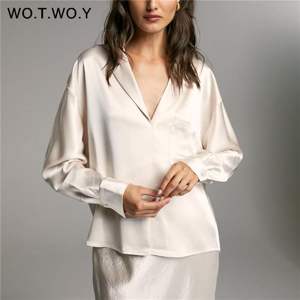 

wotwoy casual long sleeve silk blouses women solid v-neck satin shirt office lady black loose spclied with pocket female, White