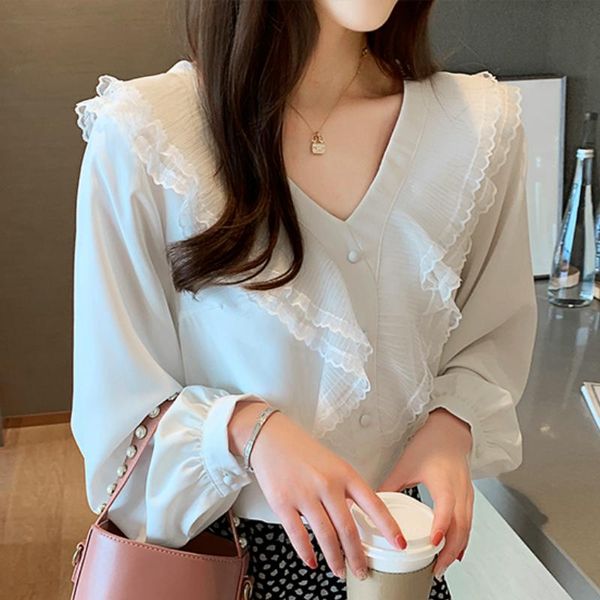 

women's blouses & shirts blusas femininas elegante women 2021 fashion long sleeve chiffon blouse ruffles v-neck white b838