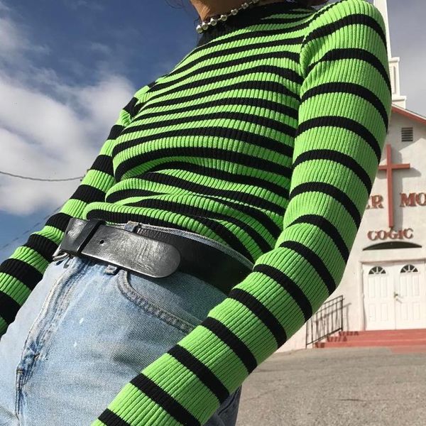 

harajuku contrast greenery striped ribbed crop jumper fitted long sleeve pullover knit womens sweater, White;black