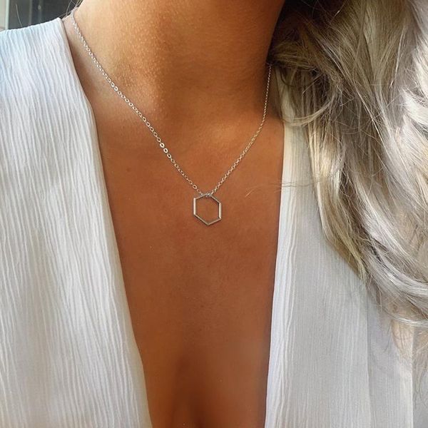 

chains simple personality stainless steel geometric hexagon pendant necklace men's and women's couple collar jewelry gift, Silver