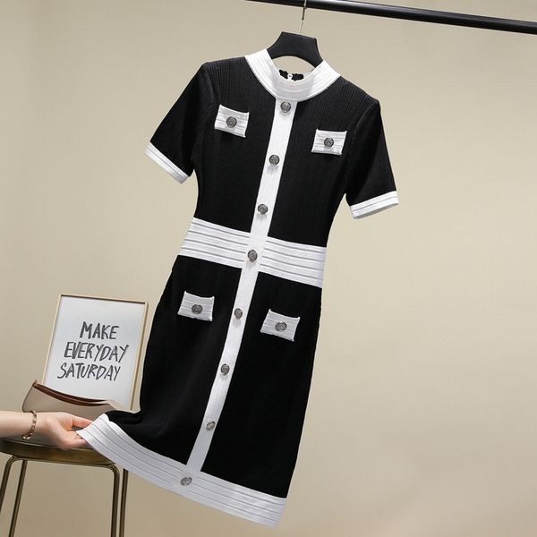 

2021 new women summer single breasted high waist hit color knit es fashion short sleeve button package hip sweater ropa mujer wp61, Black;gray