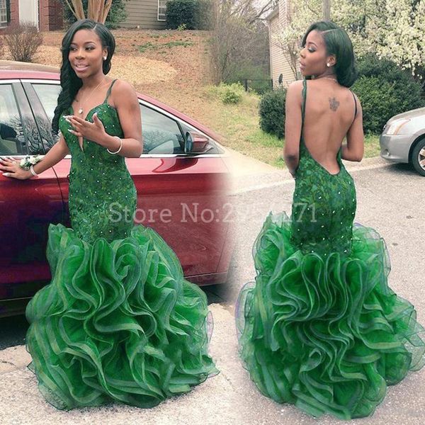 

party dresses vestido de festa backless mermaid evening gown ruffles beading organza green robe soiree straps prom, White;black