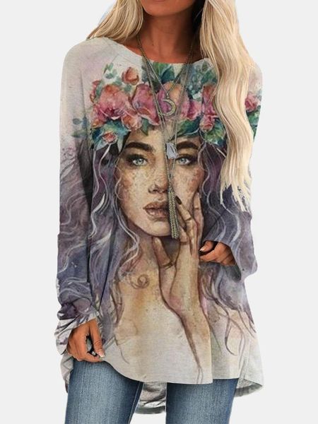 

women's t-shirt 2021 casual t shirts portrait print shirt spring autumn long sleeved fashion loose ladies plus size tees 3xl top, White