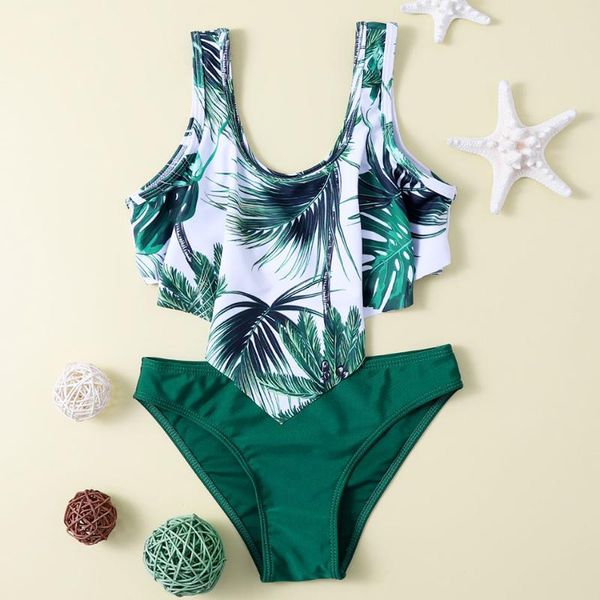 

one-piece suits tropical flounce girl swimsuit kids leaves print two piece children's swimwear 7-14years bikini set girls bathing suit