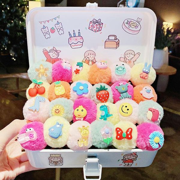 

5pcs/set new girls cute colorful cartoon hairballs elastic hair bands kids sweet scrunchie hair bands fashion accessories, Slivery;white