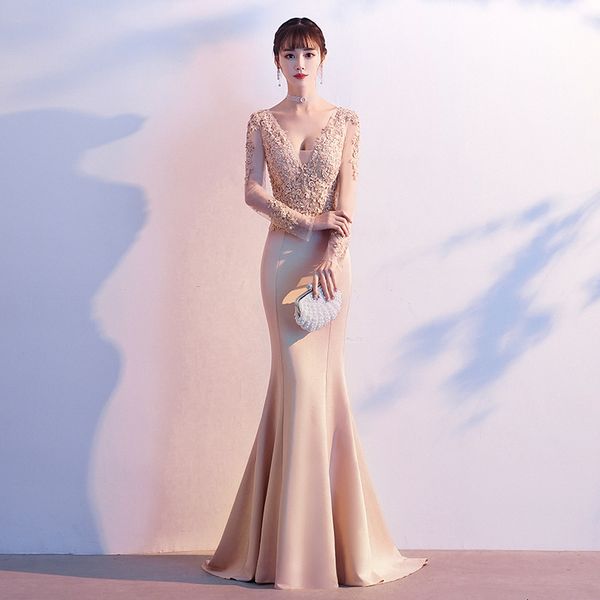 

2021 summer heavy industry evening women's banquet temperament long sleeve fishtail slim drs champagne, Black