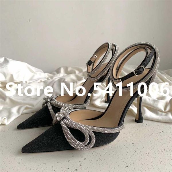 

2021 new slingback women shoes fashion crystal lady high heels brand designer bow tie ponited toe woman sandals shoe, Black