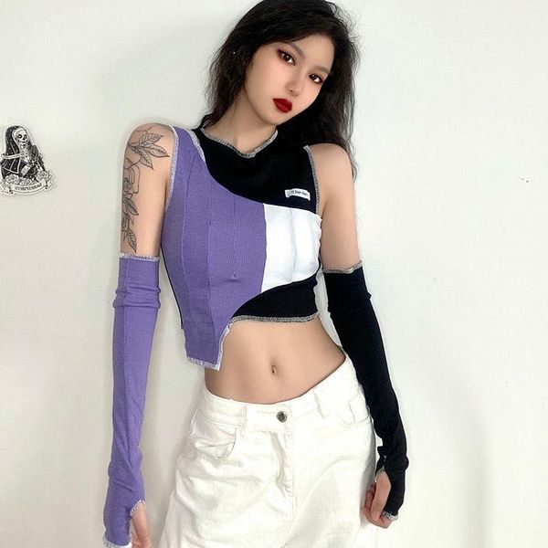 

women's t-shirt summer ladies girl funny contrast color digging shoulder slim fit long-sleeved, White