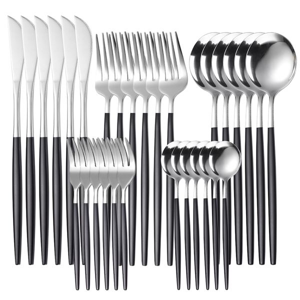 Aço 30pcs ouro Dinnerware Set Inoxidável Louça Steak Knife Fork colher de café colher de chá Brilhante talheres Dishwasher Safe 211108