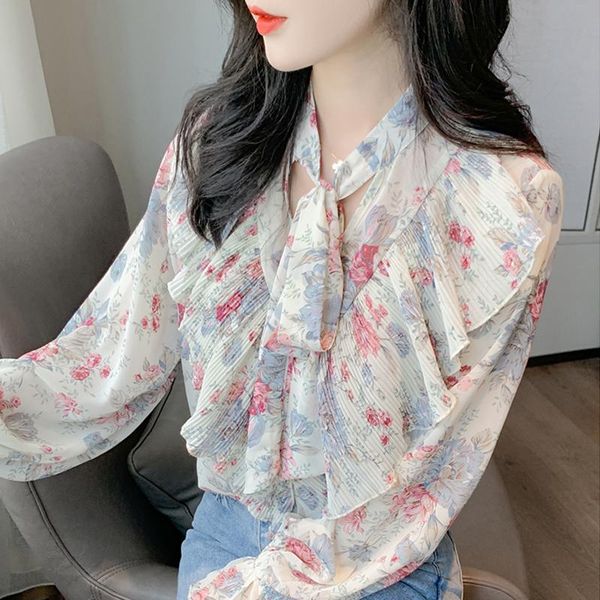 

blusas mujer de moda 2021 women blouses long sleeve blouse women ruffles v-neck print chiffon blouse shirt shirts d406, White
