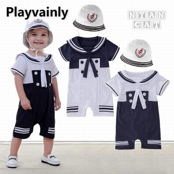

baby boy summer romper 2021 new navy style short sleeve cotton romper with hat toddler clothing e13611, Blue