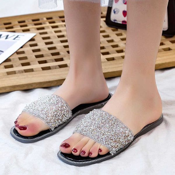 

rimocy fashion pearl summer slides women comfort soft non-slip slippers woman plus size outdoor shining beach shoes flip flop 210528, Black