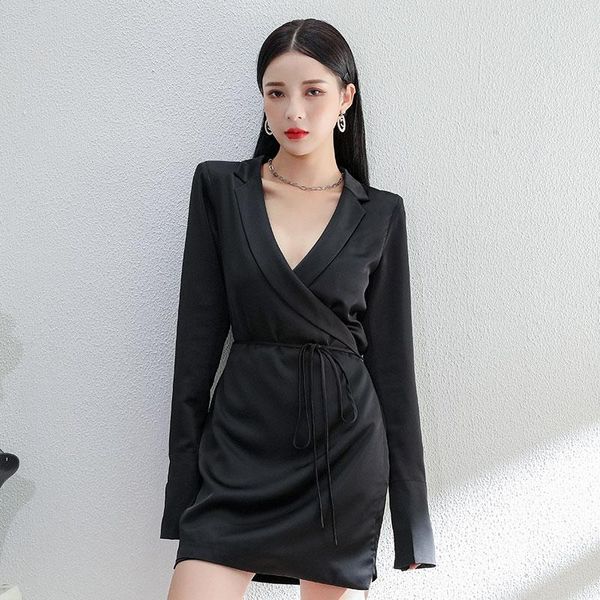 

casual dresses satin v-neck shirt dress women autumn winter flare sleeve lace up mini elegant ladies party, Black;gray