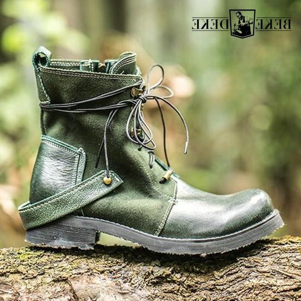 

boots designer vintage quality cowhide mens ankle canvas patchwork genuine leather lace up breathable casual cargo, Black