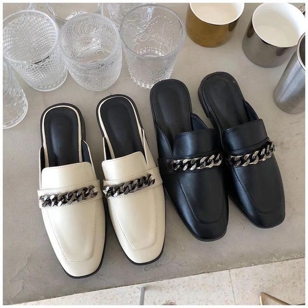 

slippers design suojialun luxury slip on outside mules brand chain british sandal shoes flat round toe slides big size 41, Black