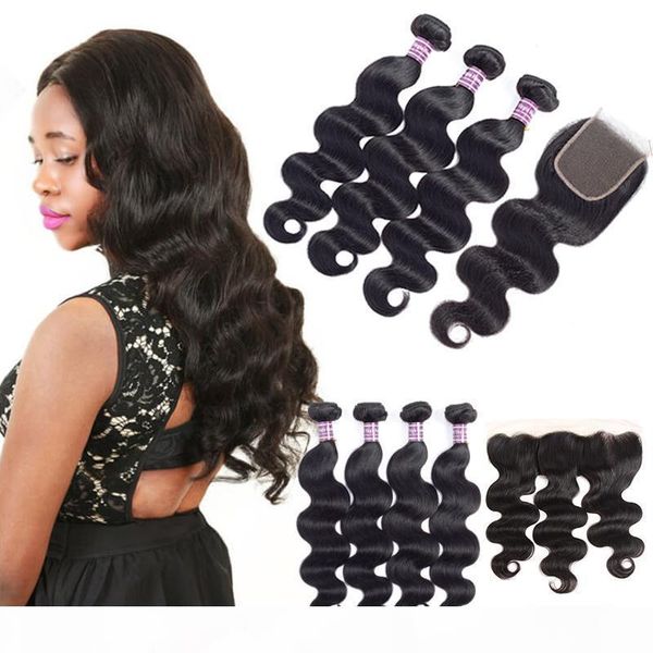 

popular brazilian body wave bundles with lace closure 3 4 bundles indian malaysian hair with frontal unprocessed remy human hair extensions, Black;brown