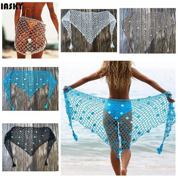 

women's swimwear iasky summer crochet fish net wrap bikini cover ups sequins beach dress swimsuit bathing suit up beachwear, White;black