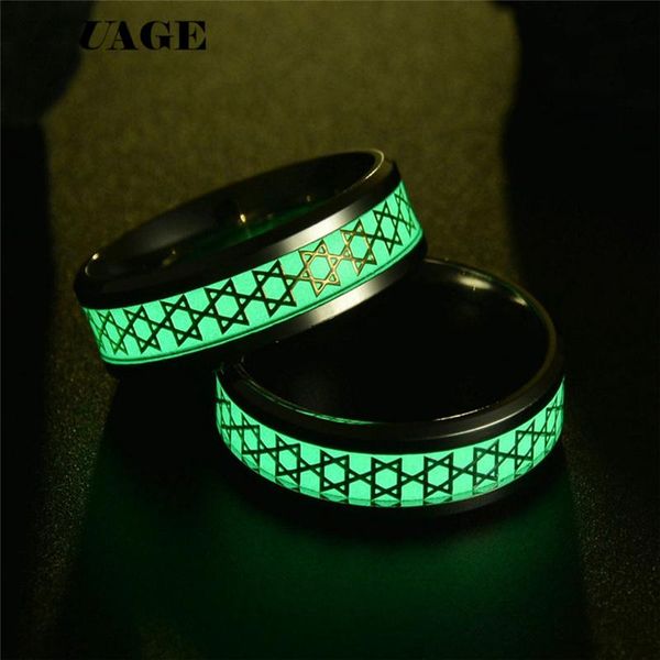 

cluster rings uage star of david gold silver glowing in the dark luminous ring 316 l titanium steel for men women father day gift bijoux, Golden;silver