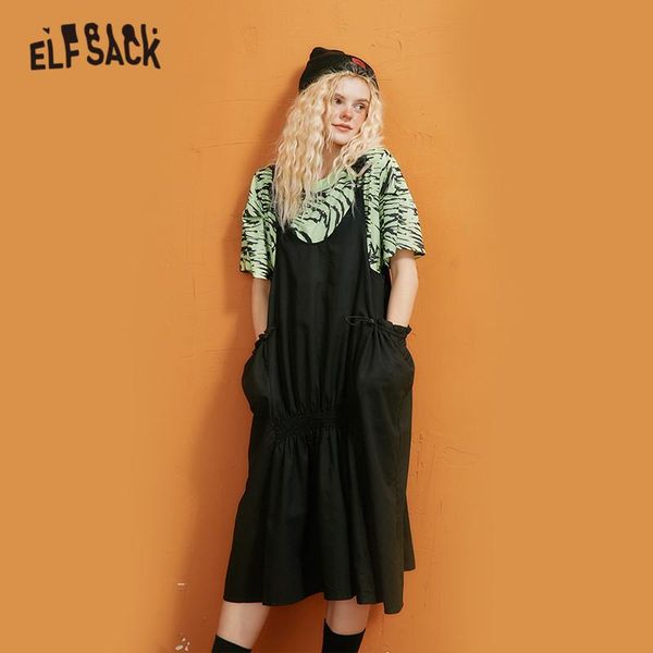 

casual dresses elfsack black solid pocket women daily dress,2021 autumn pure elegant sleeveless korean female,basic work dress, Black;gray