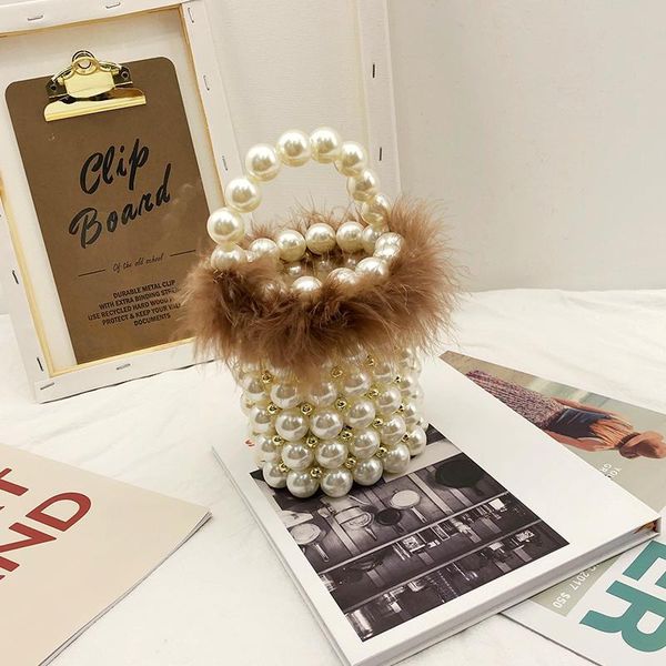 

beaded ostrich pearl handbags handmade bucket bag totes handle clutches bags bride women purses bag party evening aomkf, Red;black