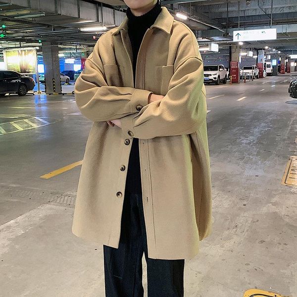 

2021 autumn and winter new youth men's woolen coat korean style retro fashion lapel loose mid-length coat, Black