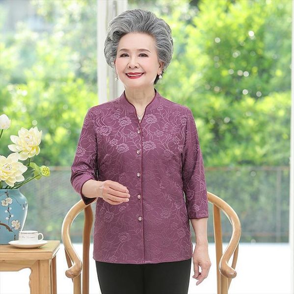 

grandma clothing three quarter spring women shirts summer dobby middle age, White