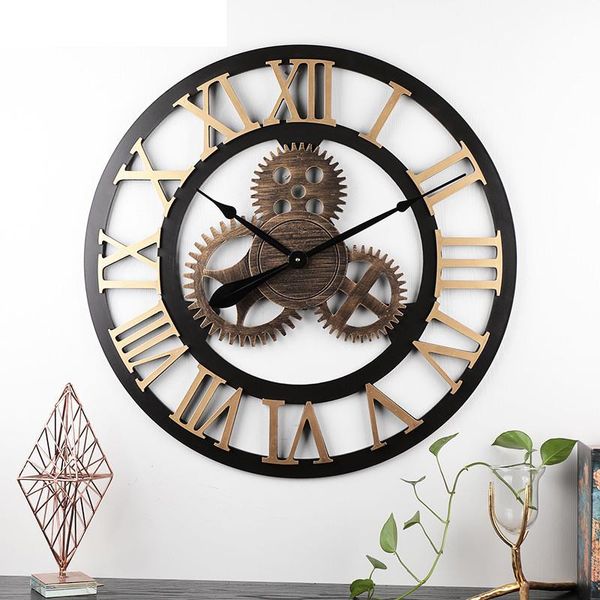 

wall clocks [hht] industrial style wooden mute clock gear retro hanging living room dining creative home decoration