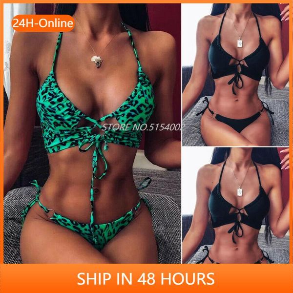 

womens leopard bikini set bandage push-up padded swimsuit triangle swimwear beachwear swimming suit bathing suit tankini