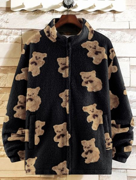 

men bear pattern zip up teddy coat c3ue#, Black;brown
