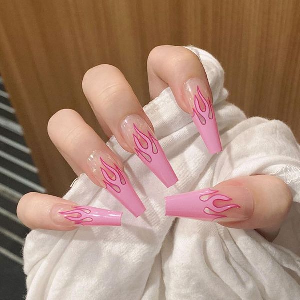 

false nails 24pcs fake nail pink flame long coffin ballet with glue french full cover press on tips manicure tool, Red;gold