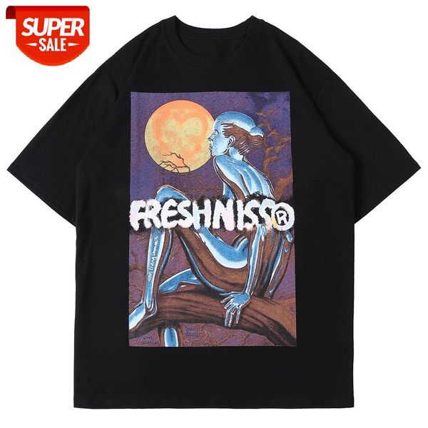 

mens hip hop t-shirt streetwear moonlight girl print harajuku tshirts 2021 summer cotton tees loose short sleeve shirt #pc9z, White;black