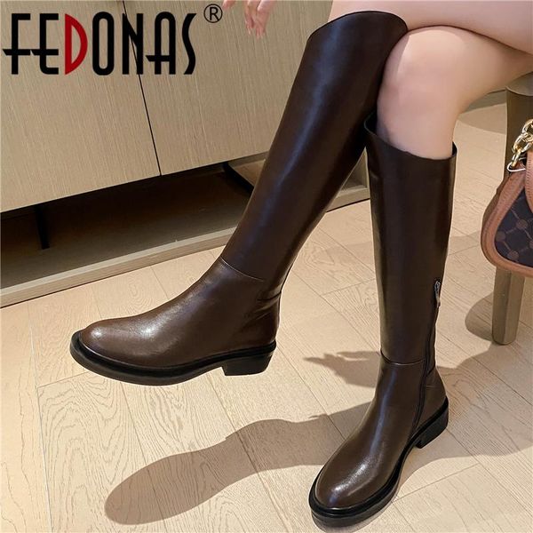 

boots fedonas fashion concise full genuine leather women knee high casual comfortable thick heels shoes woman autumn winter, Black