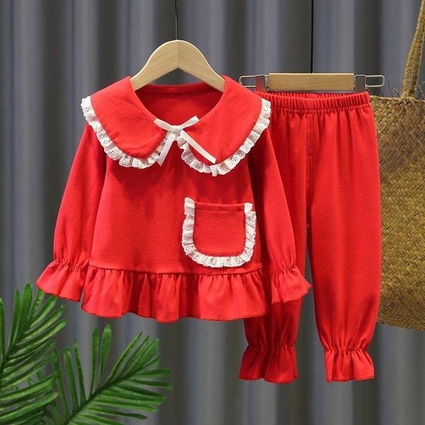 

pajamas baby kids clothes cotton home wear children spring & autumn girls solid full lantern sleeve christmas, Blue;red