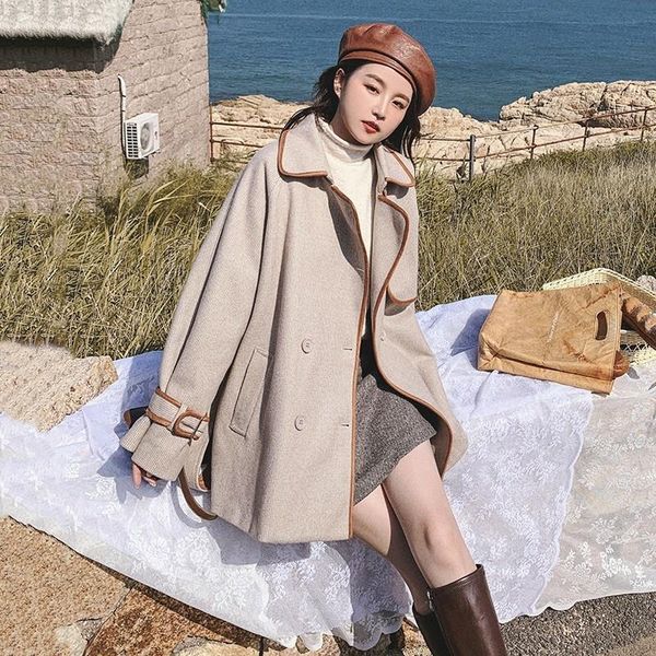 

women's wool & blends women retro trench high street loose single breasted plaid short overcoat 2022 autumn winter female sashes coat, Black