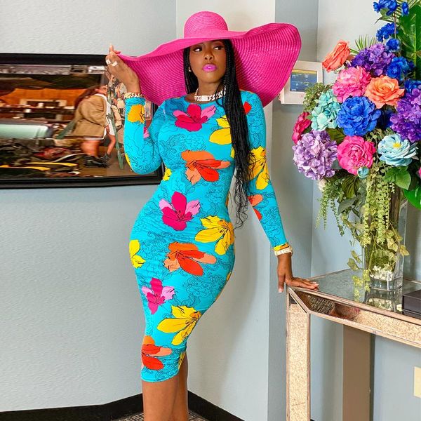 

casual dresses 2021 autumn vintage long sleeve midi dress women floral printed bodycon hip elegant party pencil clubwear, Black;gray