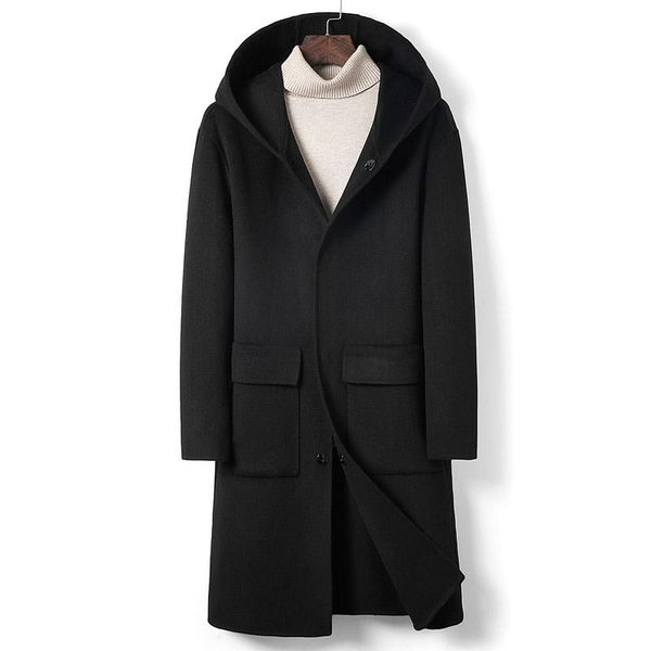 

men's wool & blends blend coat men 2021 winter solid fashion mens wild overcoat male casual loose hooded jackets long trench outerwear, Black