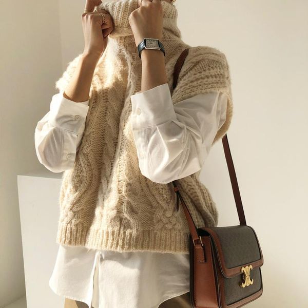 

turtleneck twisted knit sweater women sleeveless vest pullovers korean streetwear autumn winter jumper loose vintage casual x888, White;black