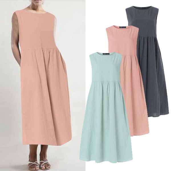 

zanzea women sundress summer sleeveless cotton linen midi dress casual vest dresses elegant solid work vestido sarafans robe, Black;gray