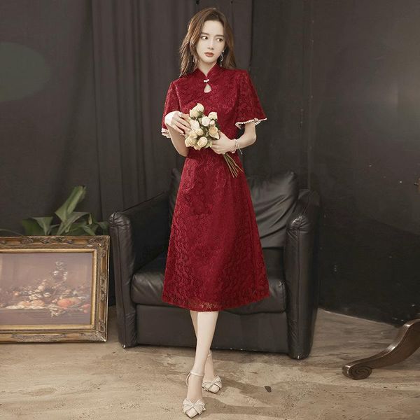 

ethnic clothing burgundy lace flower flare sleeve cheongsam mandarin collar pearl qipao a-line chinese formal party dress gown vestidos, Red