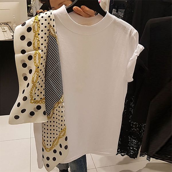 

women's elegant t shirt polka dot silk scarf stitching short-sleeved casual loose chic japan t-shirt korean fashion tees gd017 210315, White