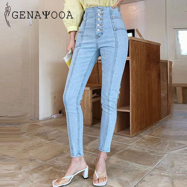 

women's jeans genayooa ankle-length pants streetwear woman cotton elastic high waist for women denim push up mom 2021 korean, Blue
