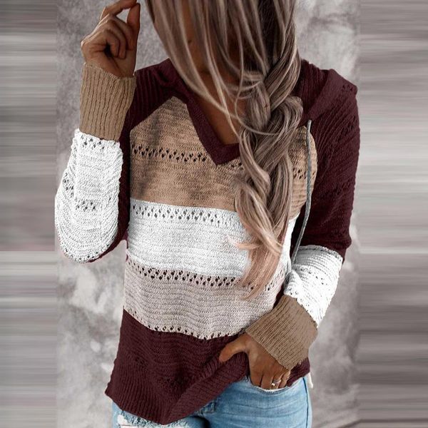 

#r40 fashion patchwork knitted autumn winter hoodie women casual oversized hoodies long sleeves hooded warm pullovers, Black