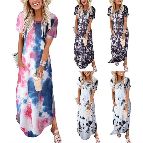 

plus size long vintage womens dress gradient short sleeve maxi casual t shirt summer loose sundress side slit vestidos, Black;gray