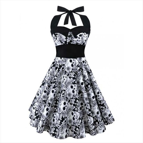 

5xl large size skull printed women dresses punk strapless halter party bowknot self gothic clothing swing 1950s 60s, Black;gray
