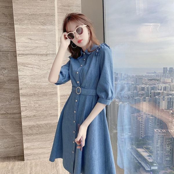 

casual dresses women vintage denim dress fashion long sleeve turn down collar button tied a-line female spring autumn jeans z713, Black;gray