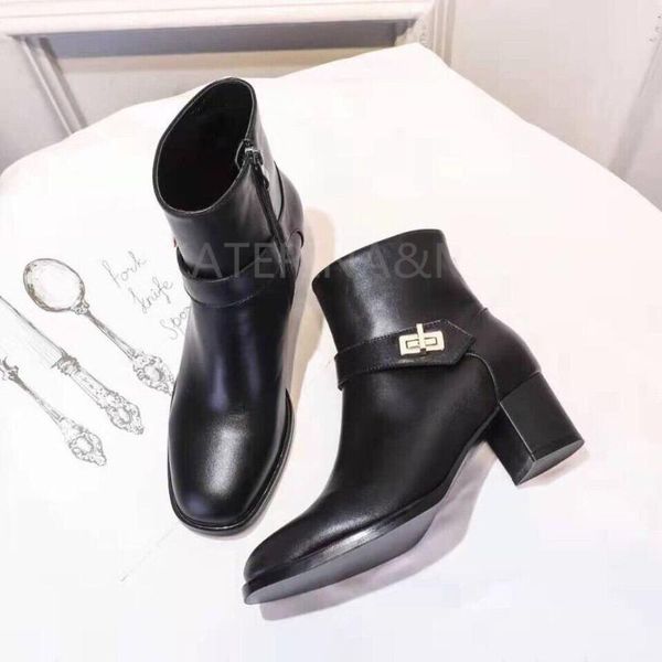 

boots 2021 brand autumn low heel lock decor women genuine leather flatform ankle botas british style leisure shoes, Black