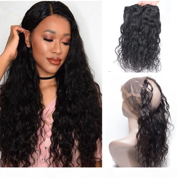 

new arrive wet and wavy 360 lace frontal with bundles water wave 360 lace frontal with bundles natural wave human virgin hair, Black;brown