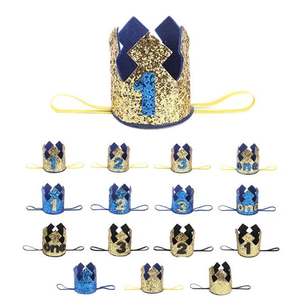 

party hats blue gold boy first birthday hat glitter princess crown number 1st 2 3 year old baby shower decor headband kids dutiful
