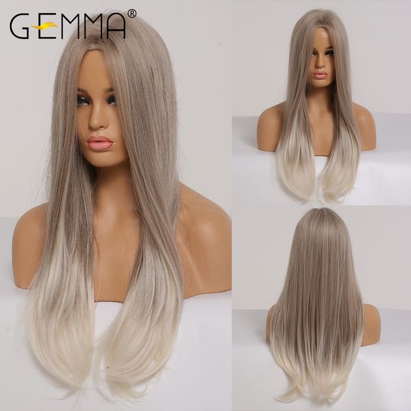 

long straight ombre brown gray ash blonde synthetic hair wigs natural middle part heat resistant cosplay wigs for women, Black