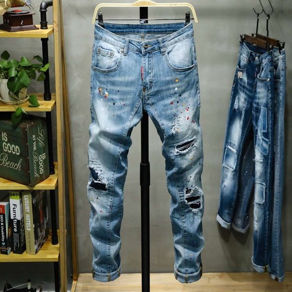 

fashion personality splash ink slim little leg long pants men's light color washwinter, Blue